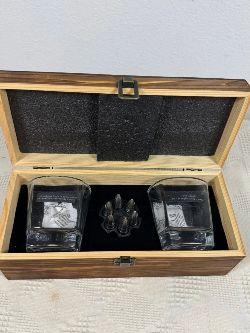 Whiskey Glass Gift Set w Bullet Shaped Chillers & John Wayne Quotes In Wood Box